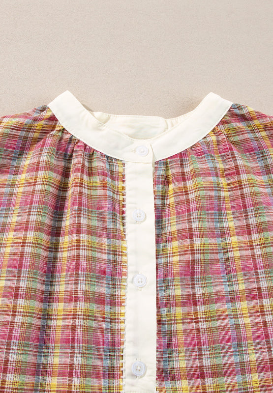 Mulit-Color Plaid Round Neck Long Sleeve Blouse