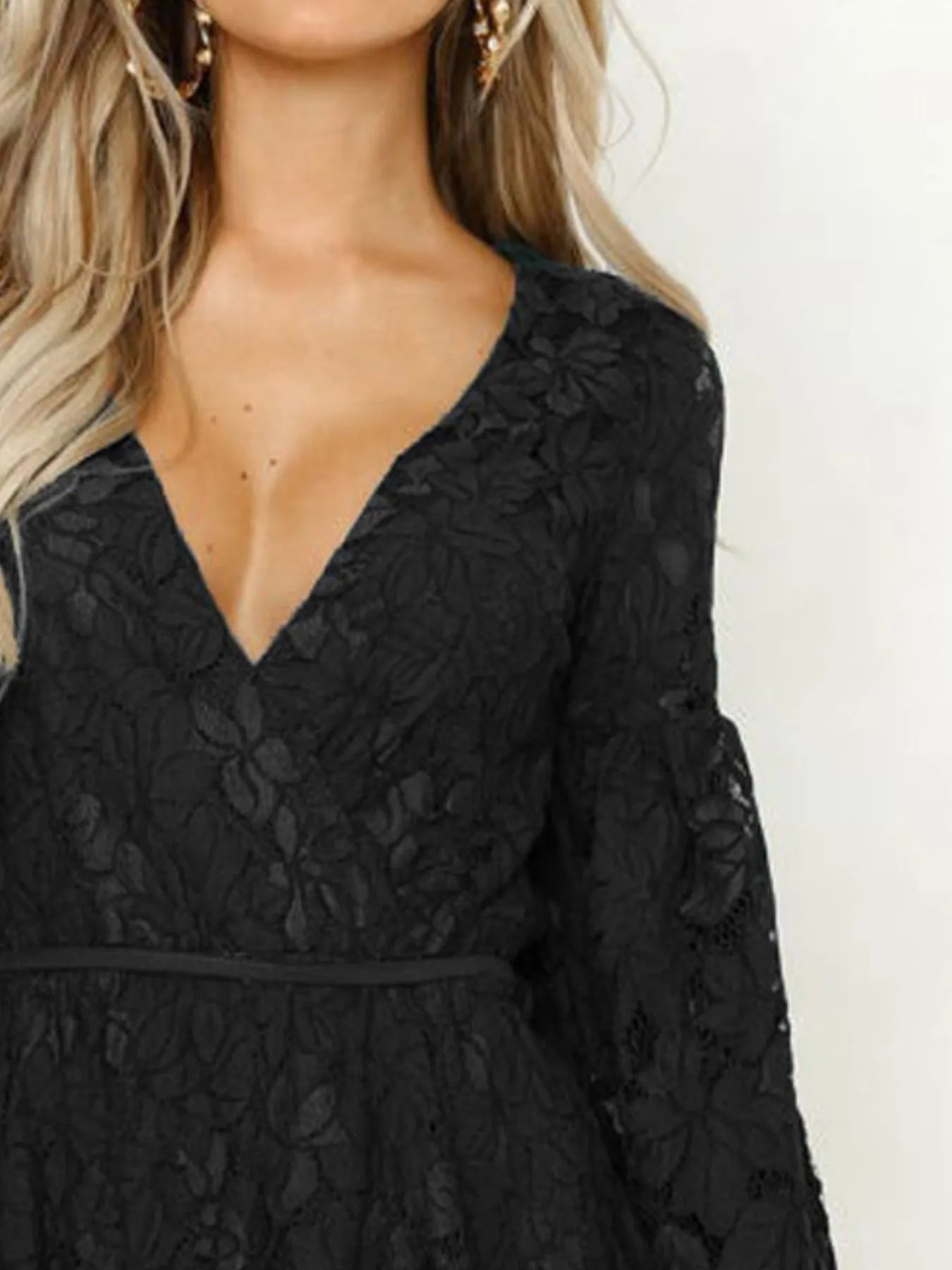 Lace V-Neck Long Sleeve Mini Dress OutfitFlow