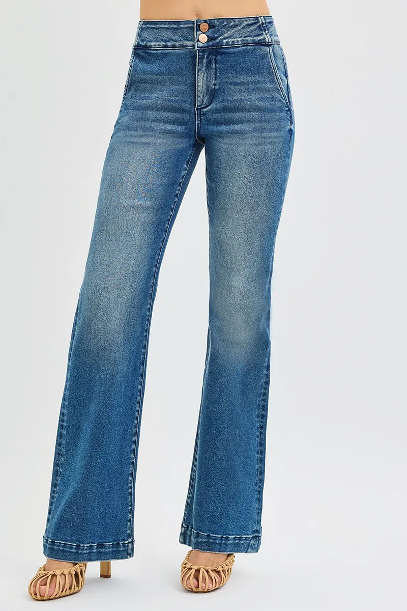 RISEN Full Size Tummy Control High Rise Bootcut Jeans with Double Button Waistband Plus Size Trendsi