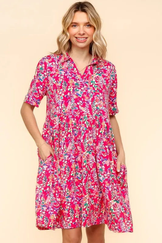 Haptics Johnny Collar Babydoll Dress with Side Pockets Fuchsia OutfitFlow