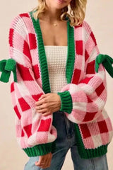 Checkered Bow-Tie Sleeve Knit Christmas Cardigan Strawberry OutfitFlow