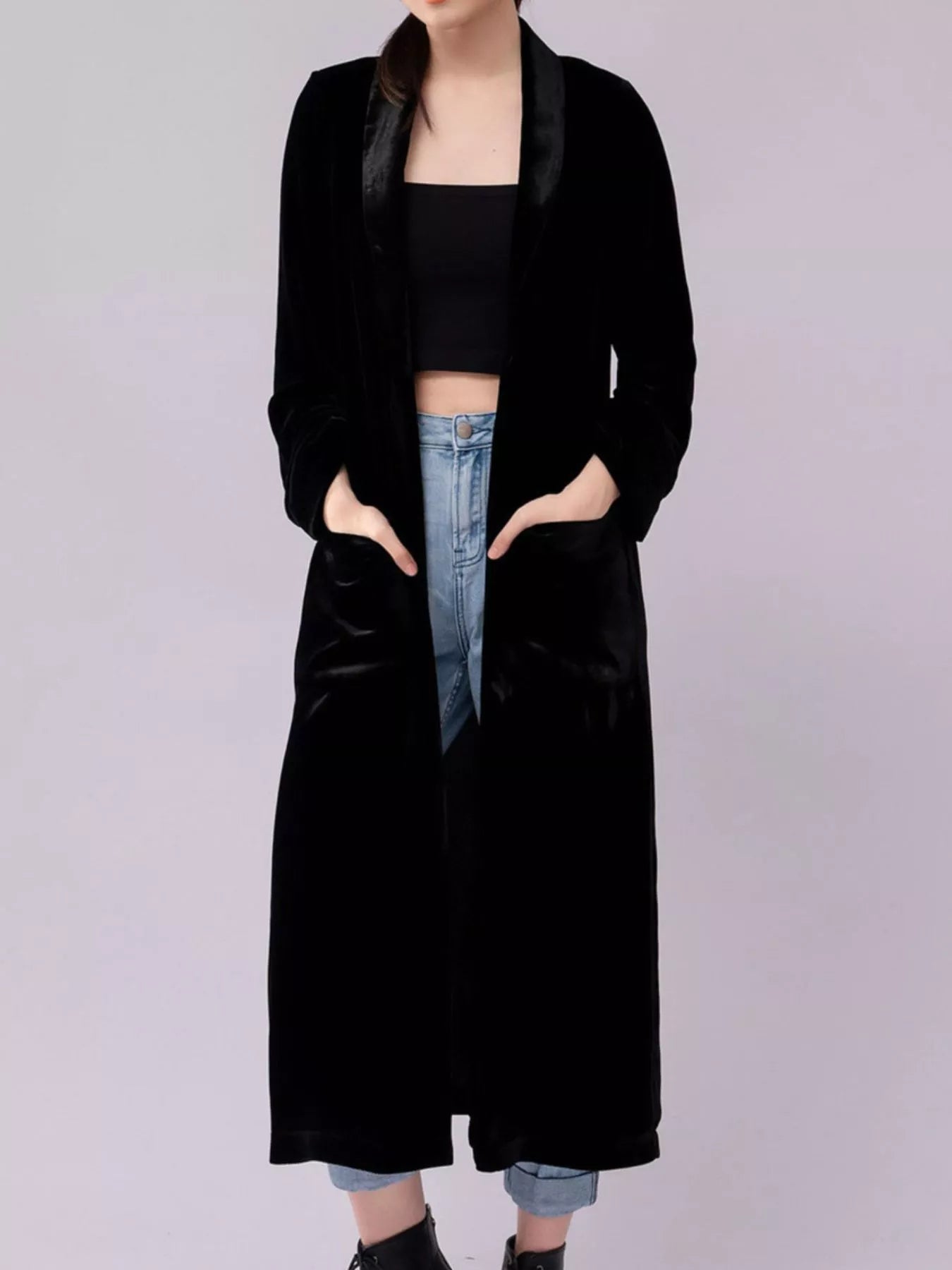 Velvet Lapel Collar Longline Coat Trendsi