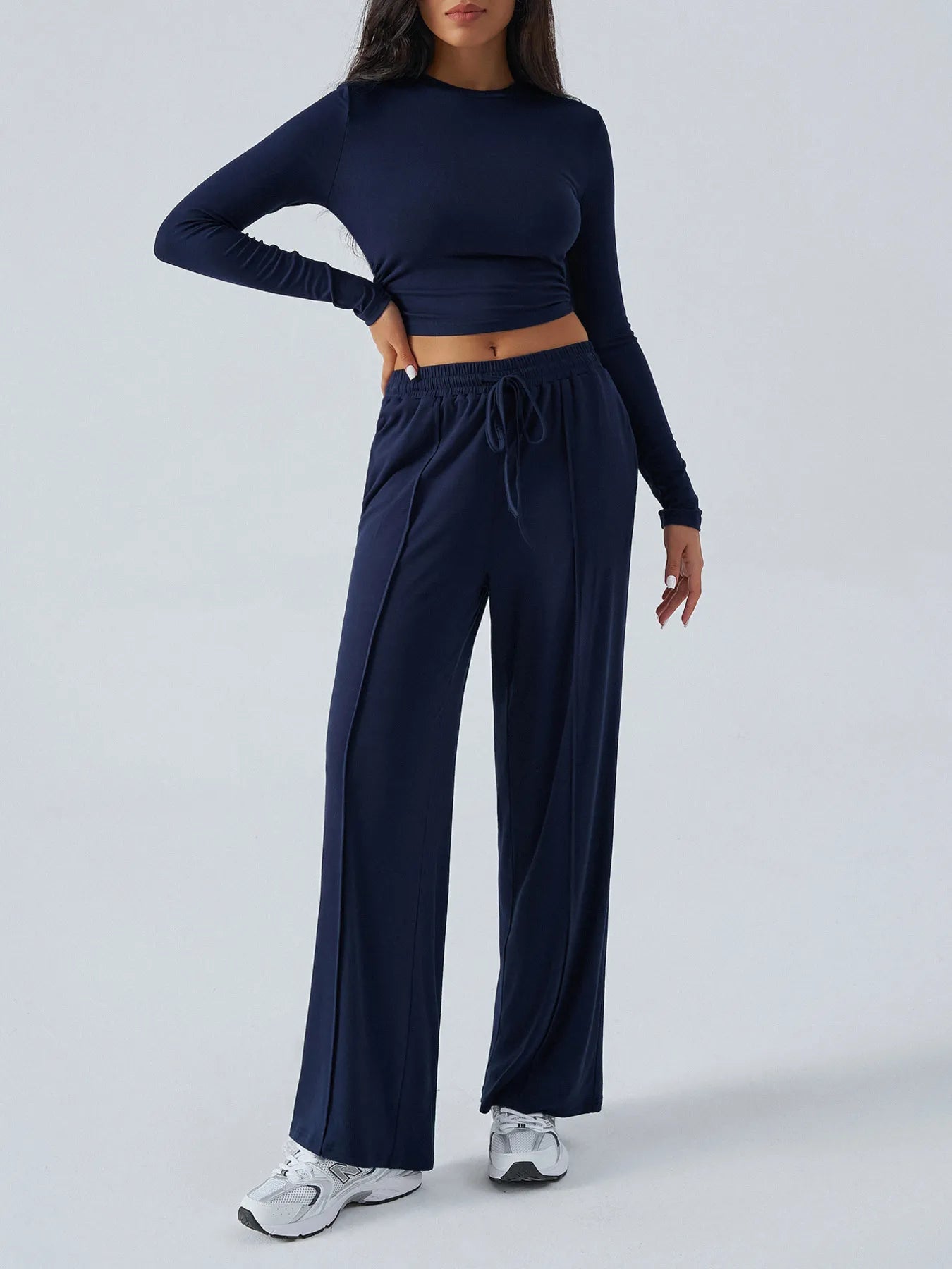 Round Neck Long Sleeve Top and Pants Set Navy Blue OutfitFlow