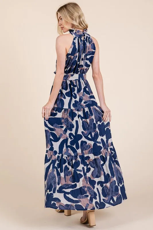 Lime 'N' Chili Abstract Halter Neck Tie-Waist Tiered Maxi Dress OutfitFlow