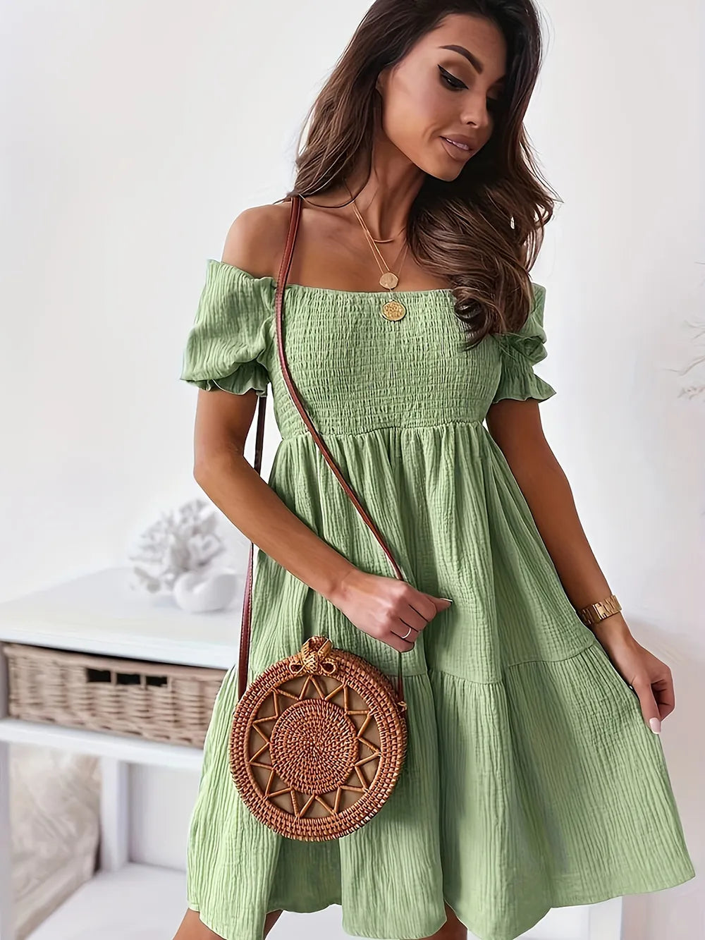 Full Size Ruffled Off-Shoulder Short Sleeve Dress OutfitFlow