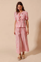 SO ME Front Tie Stripe Top With Puff Sleeves and Wide Leg Pants Set OutfitFlow