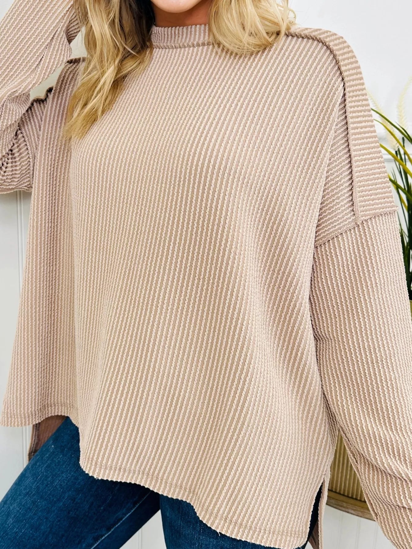 Twist Ribbed Exposed Seam Detail Long Sleeve Loose Top Khaki OutfitFlow