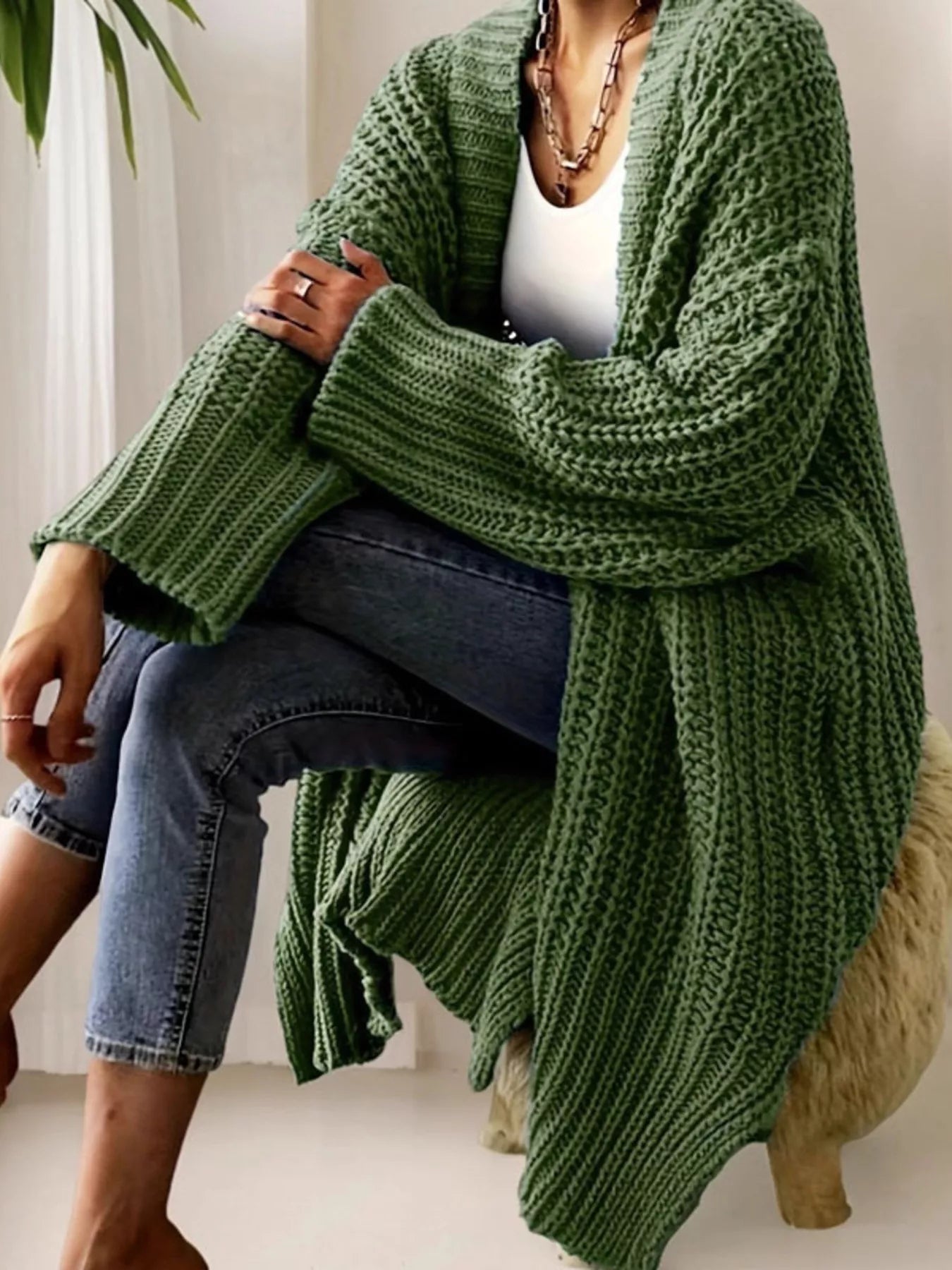 Chunky Knit Open Front Cardigan Green OutfitFlow