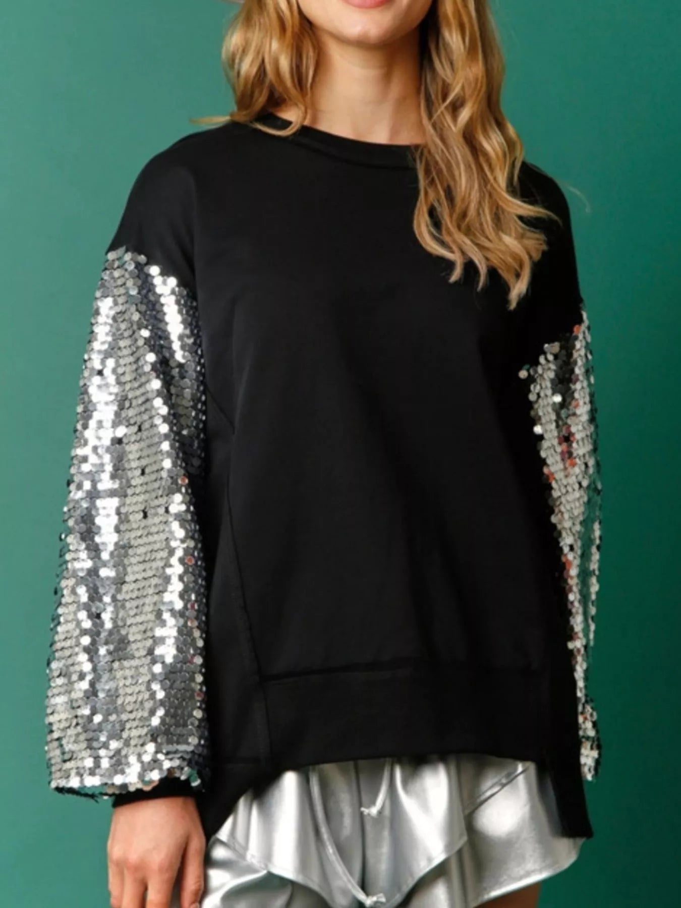 Sequin Long Sleeve Round Neck Sweatshirt OutfitFlow