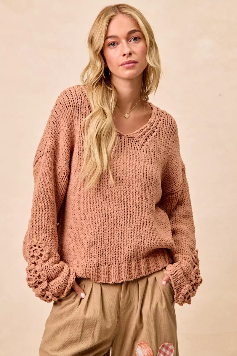BiBi Chunky Knit Sweater with Flower Detail Sleeves DUSTY PEACH OutfitFlow