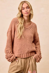 BiBi Chunky Knit Sweater with Flower Detail Sleeves DUSTY PEACH OutfitFlow