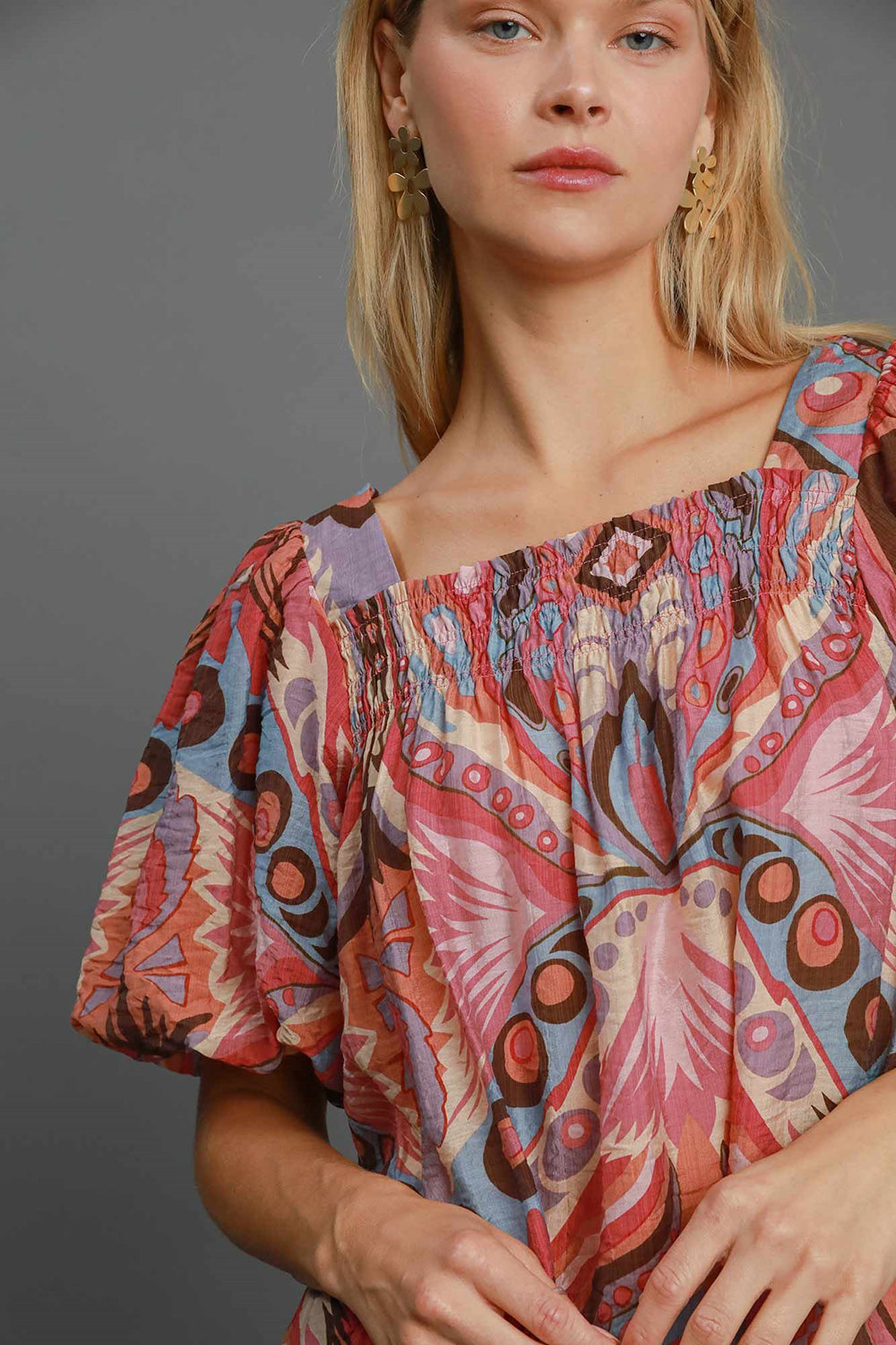 Outfit Flow - Umgee Full Size Abstract Print Smocked Square Neck Puff Sleeve Blouse