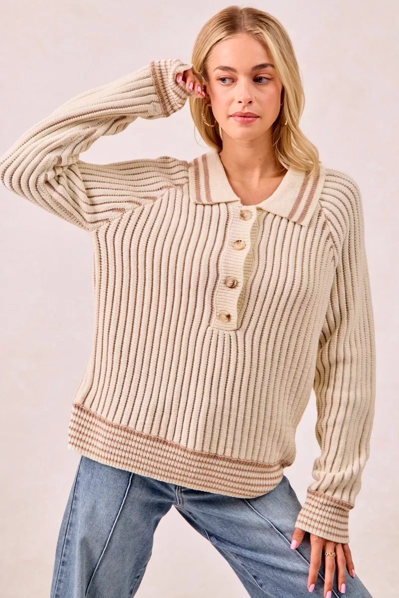 BiBi Half Button Ribbed Two Tone Sweater OutfitFlow