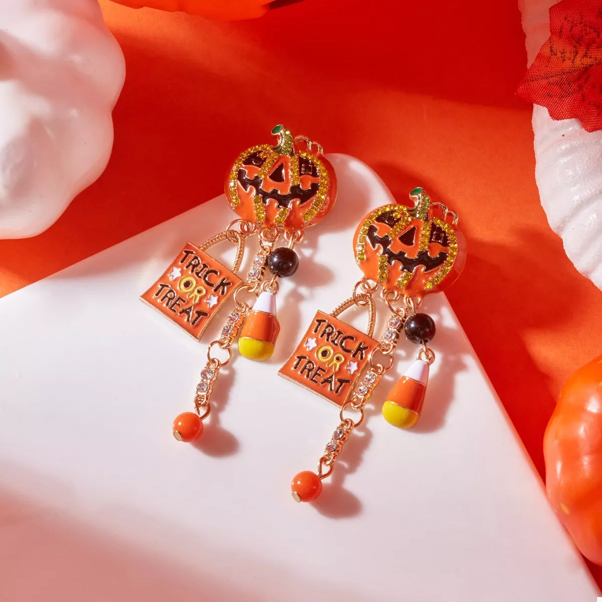 Halloween Rhinestone Pumpkin Drop Earrings OutfitFlow