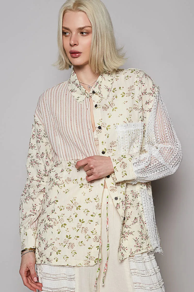 POL Lace Patchwork Floral Button-Up Shirt OutfitFlow