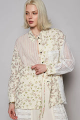 POL Lace Patchwork Floral Button-Up Shirt OutfitFlow