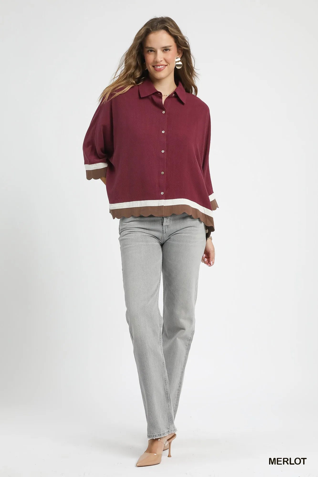 Umgee Colorblock Button-Down Shirt with Scallop Hem Trendsi