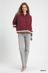 Umgee Colorblock Button-Down Shirt with Scallop Hem Trendsi