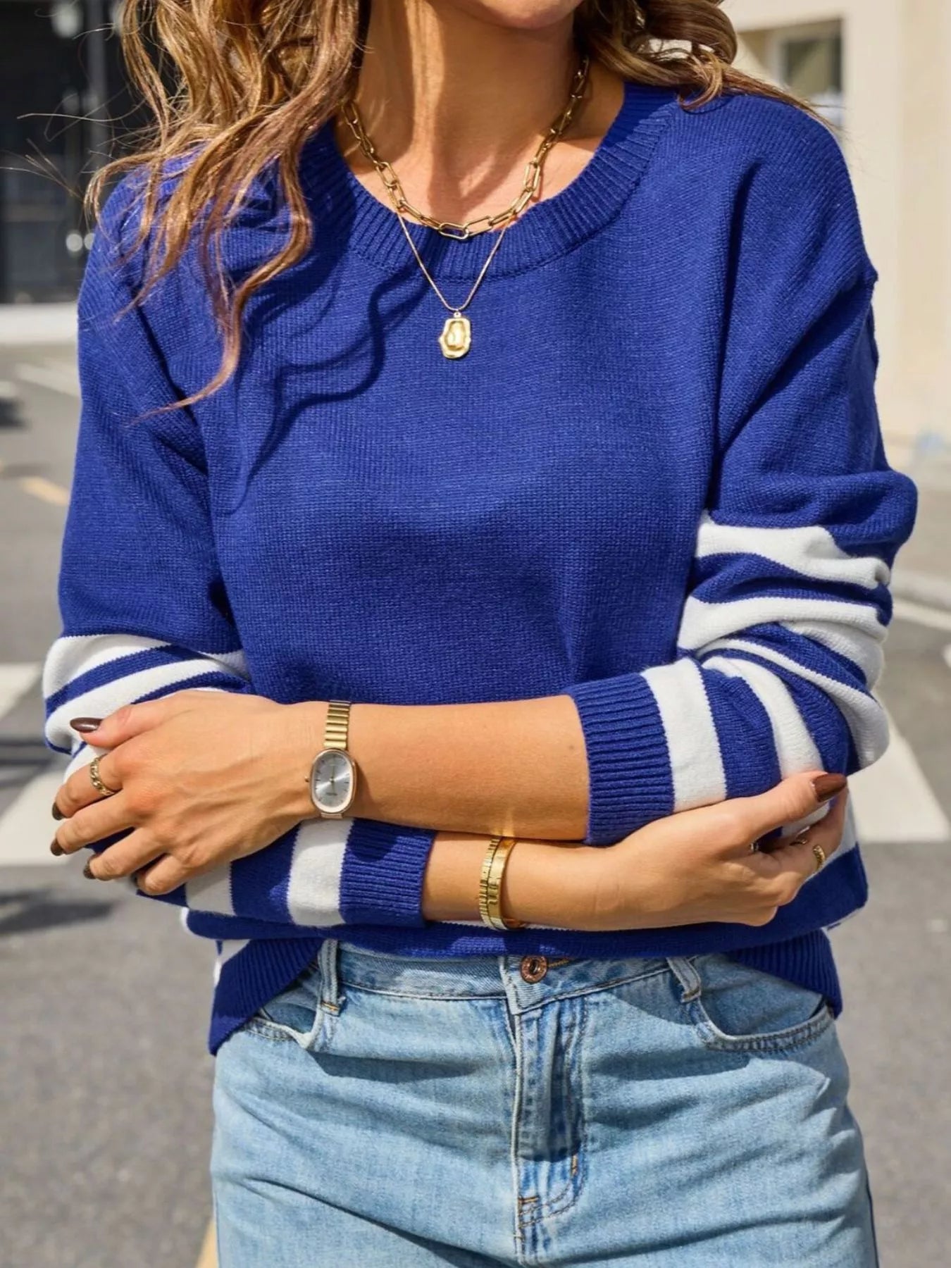 Striped Trim Crew Neck Sweater Trendsi