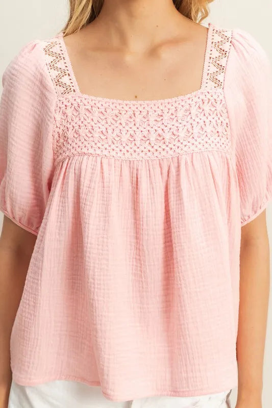 HYFVE Crochet Detail Puff Sleeve Peasant Top OutfitFlow