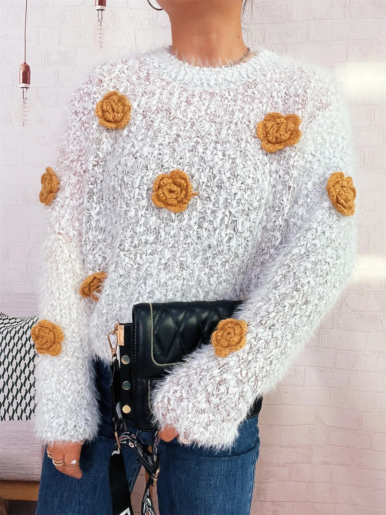 Flower Embellished Round Neck Sweater Apricot One Size OutfitFlow