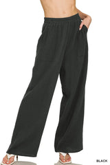 Zenana Double Gauze Elastic Band Pants BLACK Trendsi