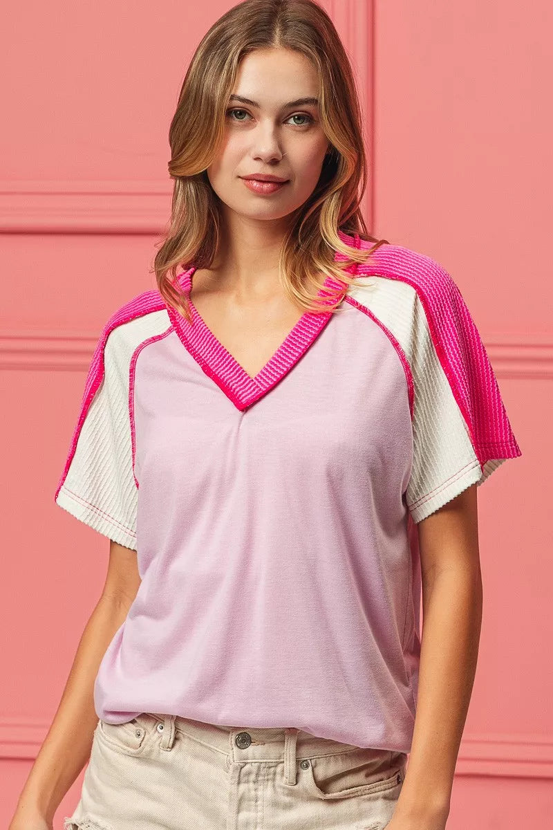 BiBi Cord Rib Combo V Neck Jersey Knit Top OutfitFlow