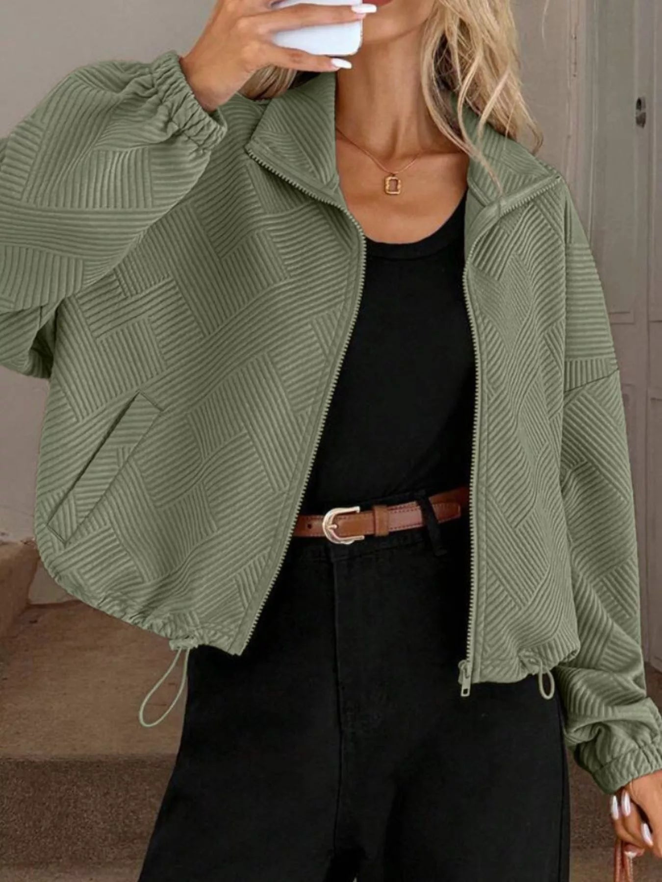 Textured Zip-Up Drawstring Hem Jacket Trendsi