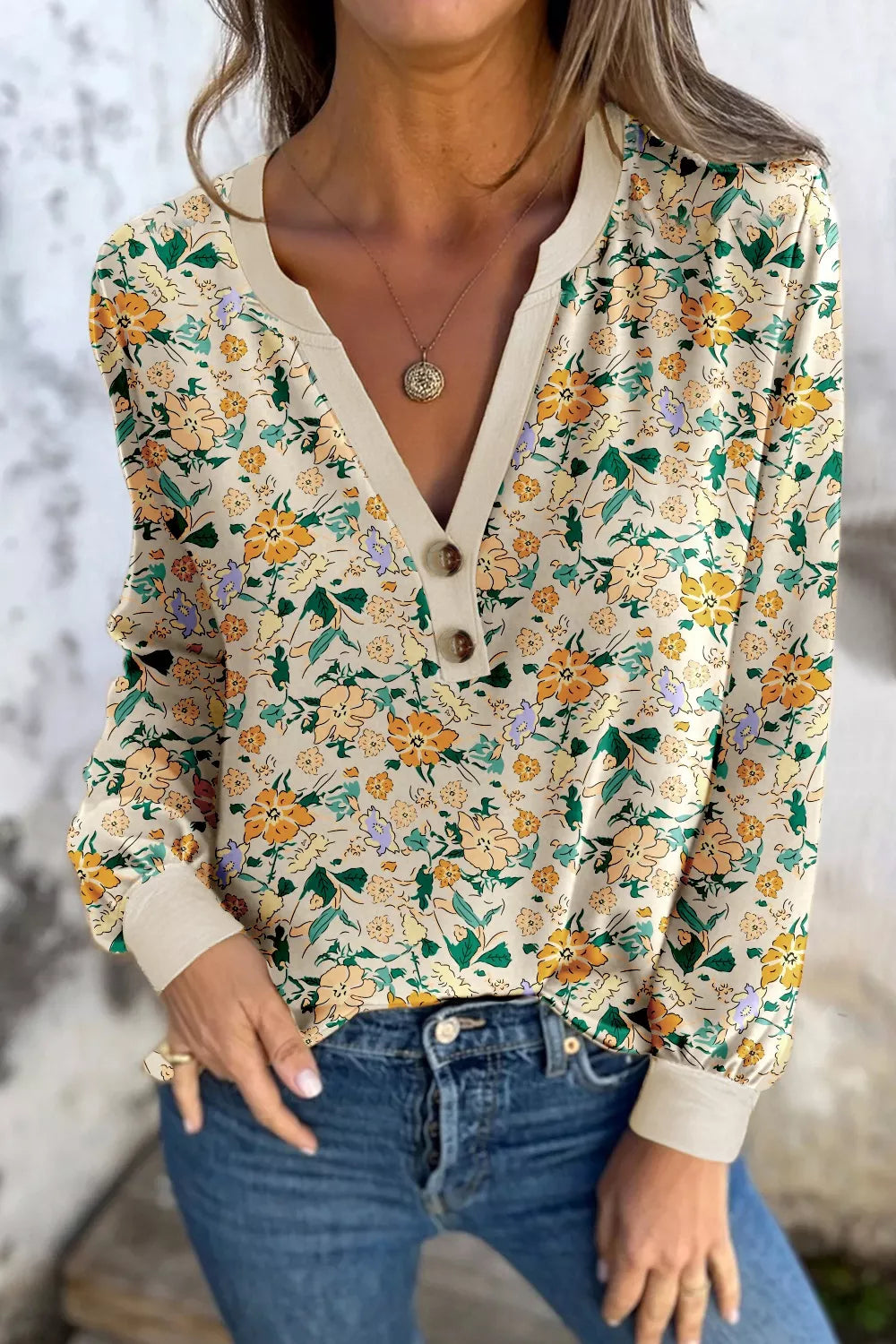 Floral Print Notched Long Sleeve Blouse Floral OutfitFlow