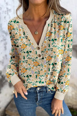 Floral Print Notched Long Sleeve Blouse Floral OutfitFlow