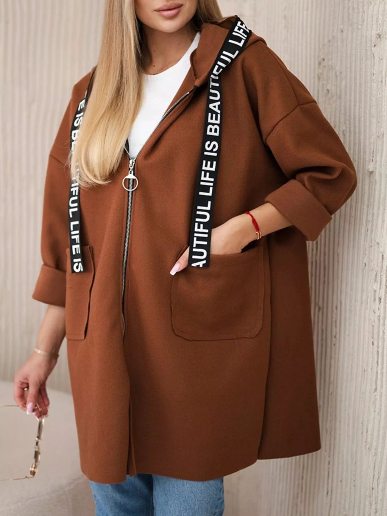Full Size Hooded Zip-Up Longline Outerwear Plus Size Caramel Trendsi