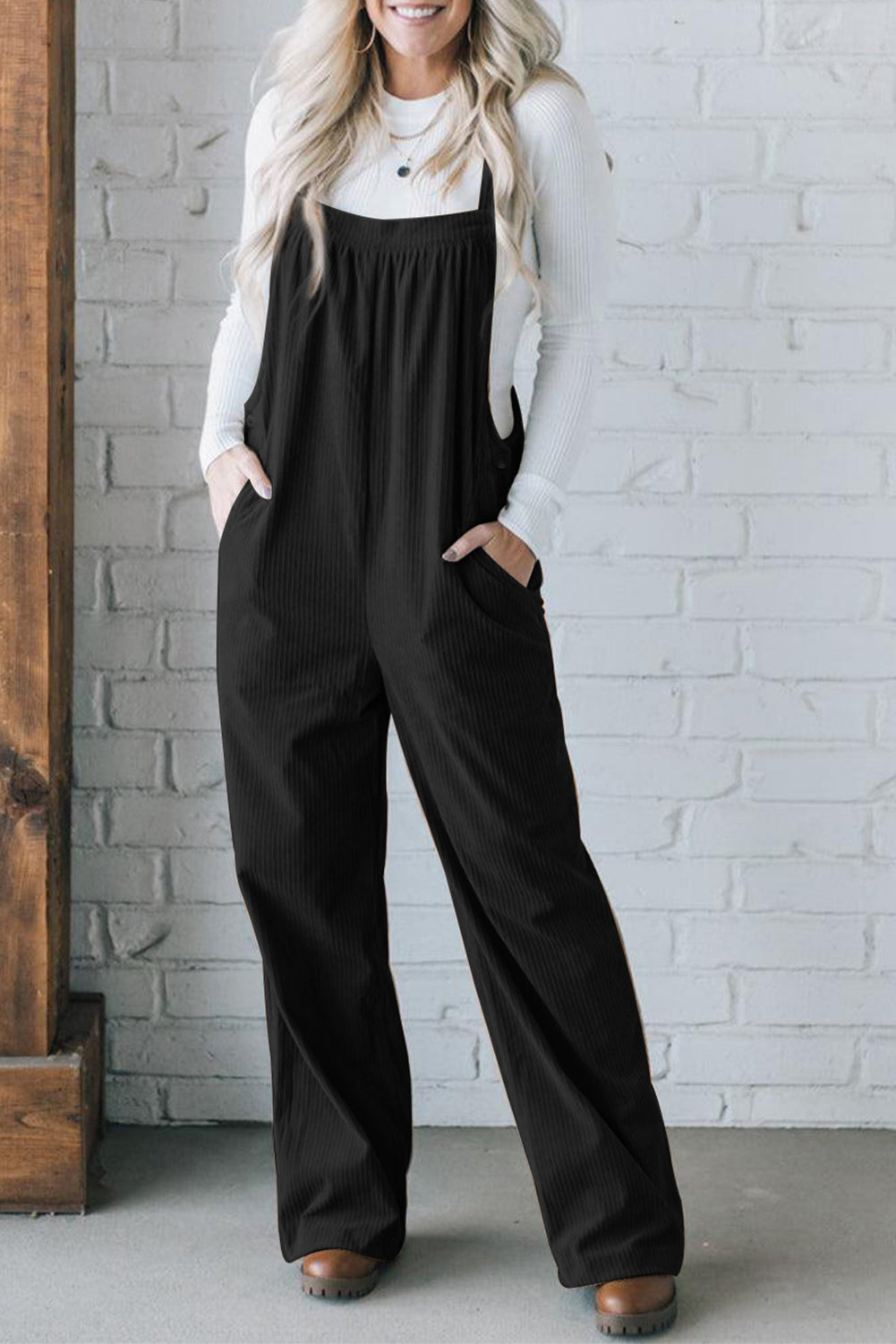 Square Neck Wide Strap Overalls Black OutfitFlow