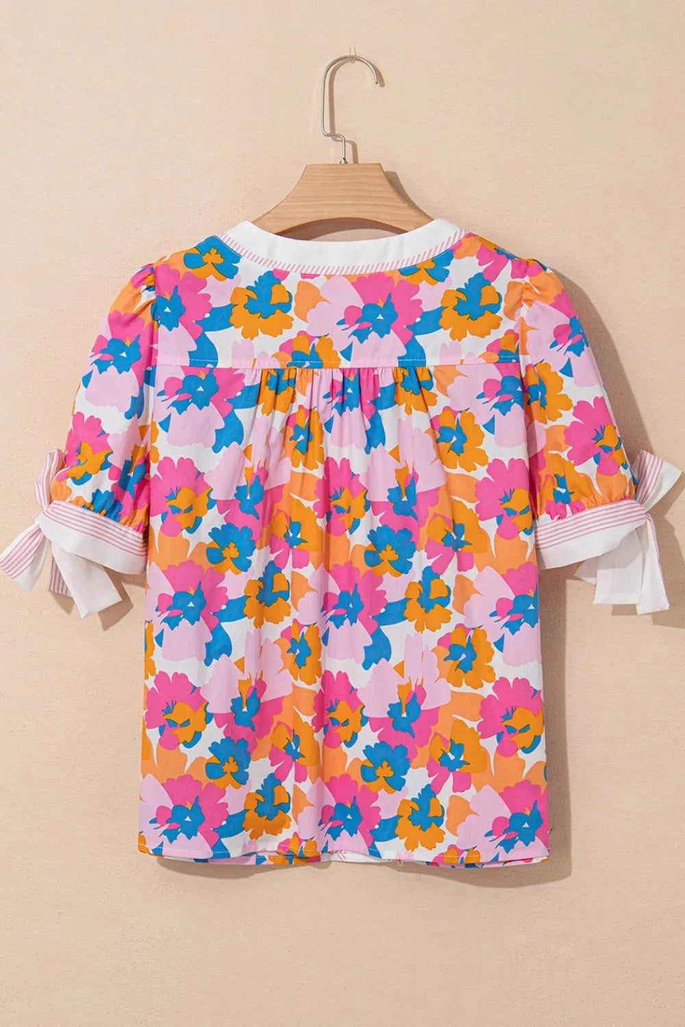 Floral Striped Edge V Neck Knotted Short Sleeve Blouse OutfitFlow