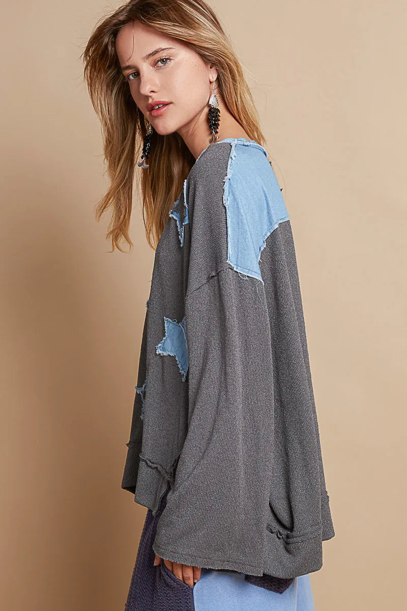 POL Exposed Seam Relaxed Fit Sweater with Star Denim Patch Trendsi
