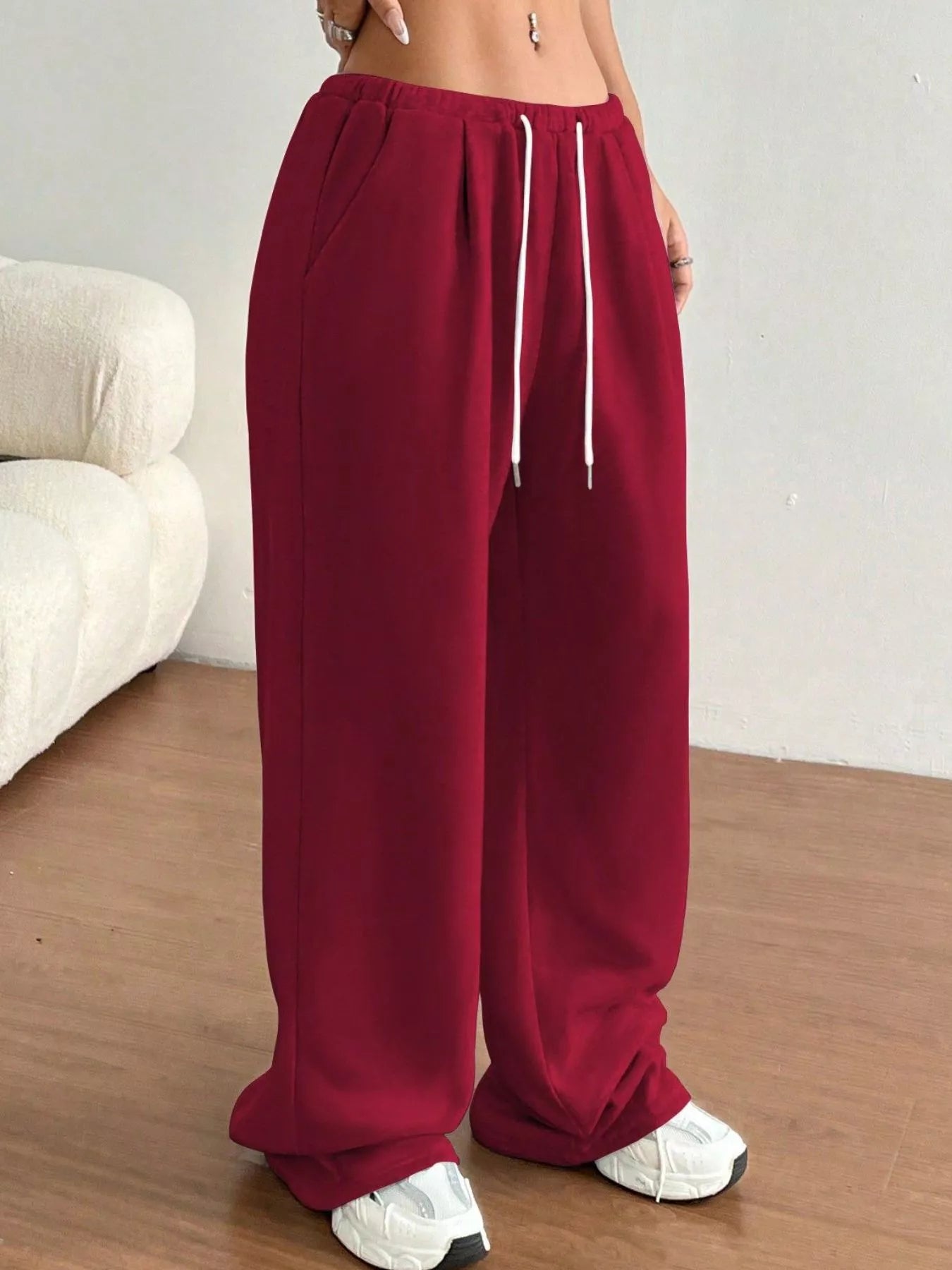 Casual Drawstring High Waist Wide Leg Sweatpants Burgundy OutfitFlow