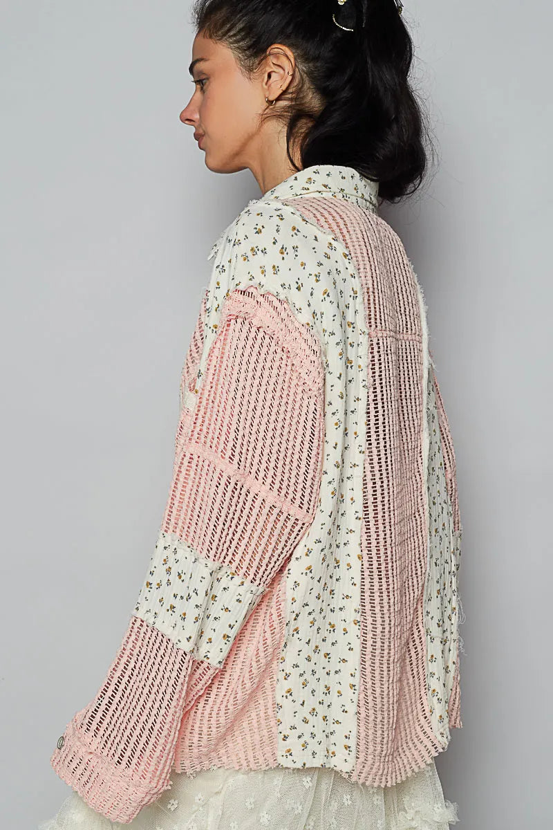 POL Floral Crochet Patchwork Long Sleeve Shirt OutfitFlow