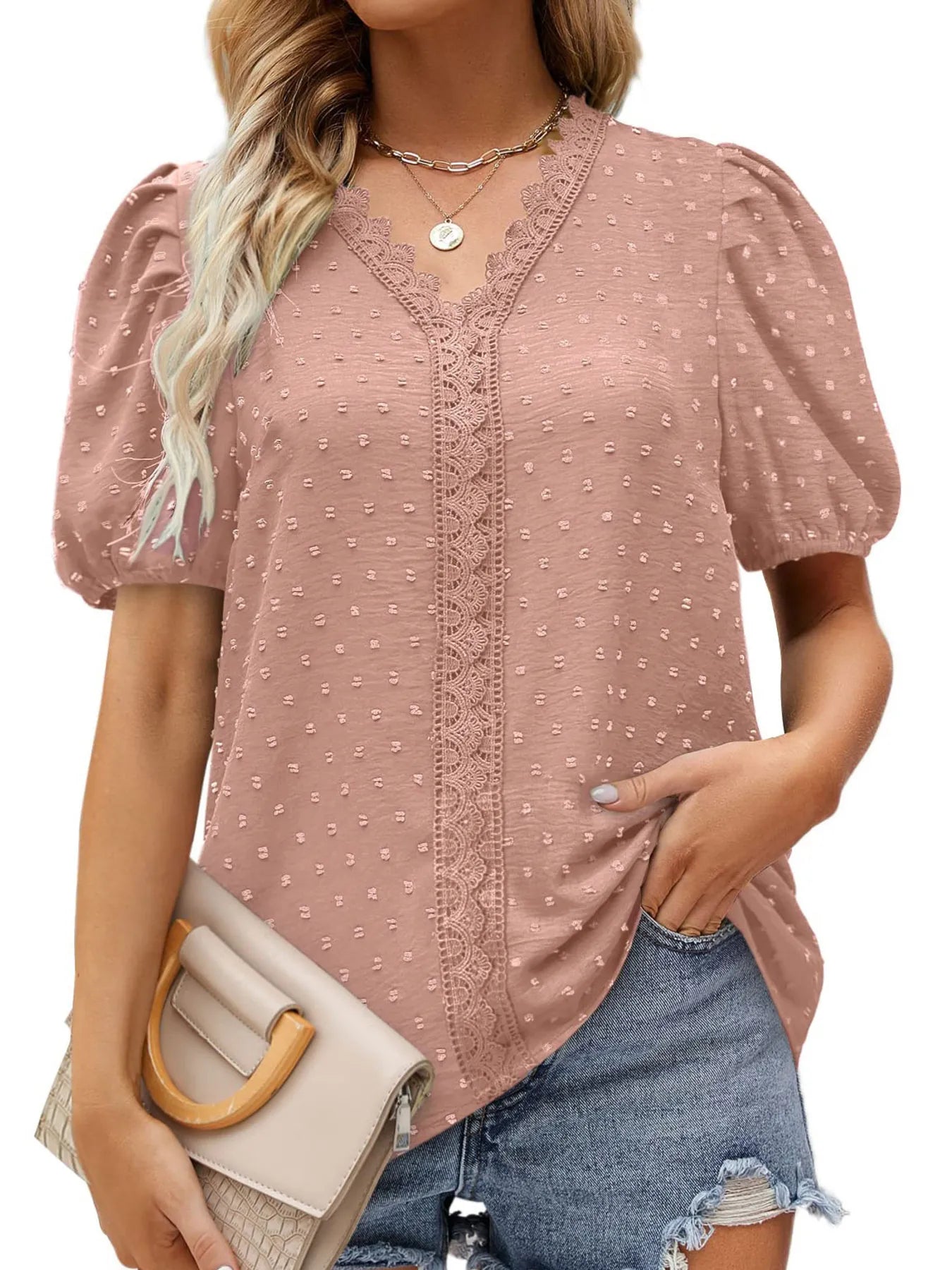 Puff Sleeve Swiss Dot Lace Trim Blouse Dusty Pink OutfitFlow