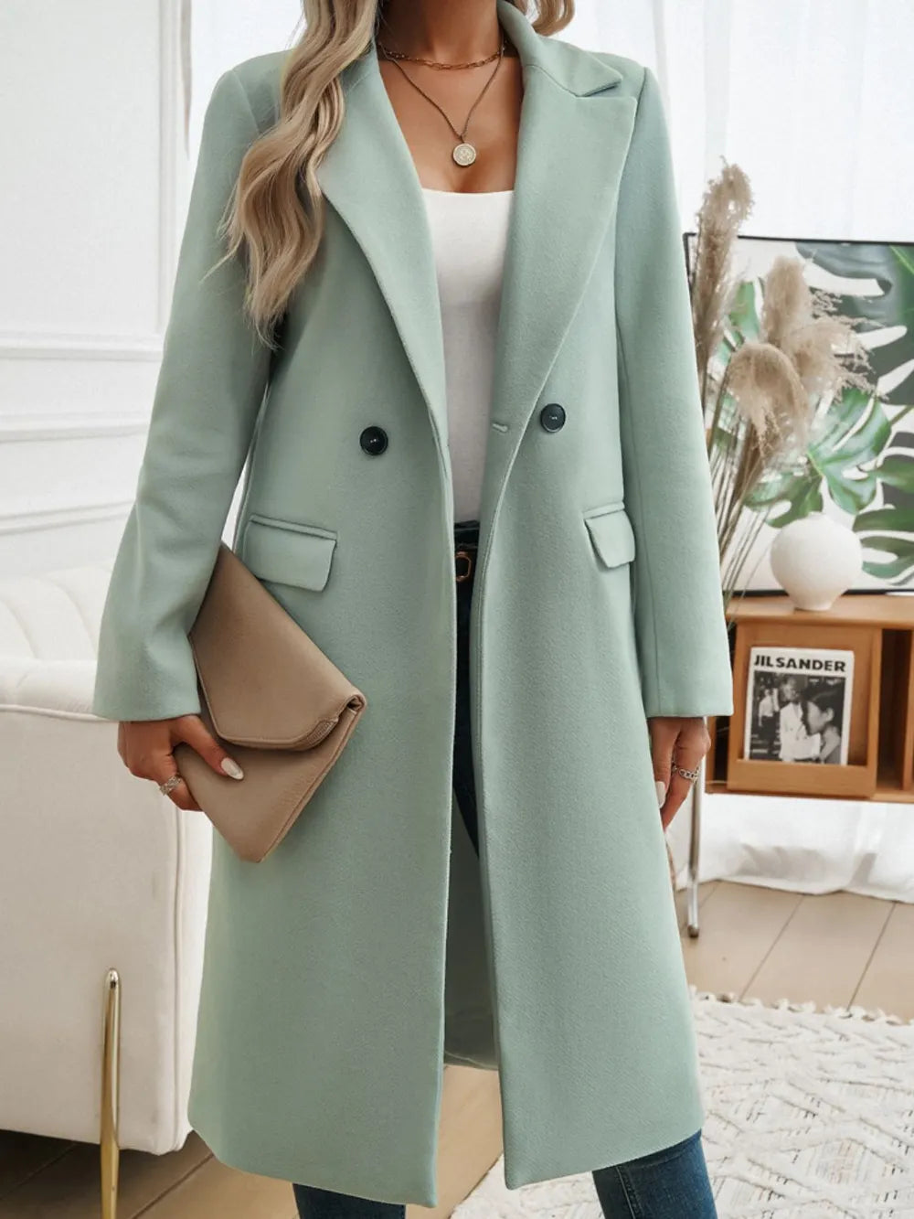 Devine Pocketed Collared Neck Long Sleeve Coat Trendsi