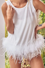 BiBi French Terry Faux Feather Bottom Back Tied Top OutfitFlow