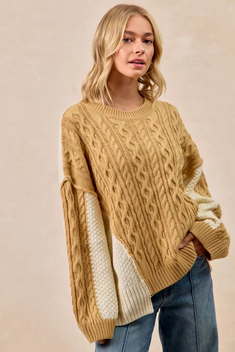 BiBi Cable Knit With Hacci Combo Sweater With Uneven Hem Detail Trendsi