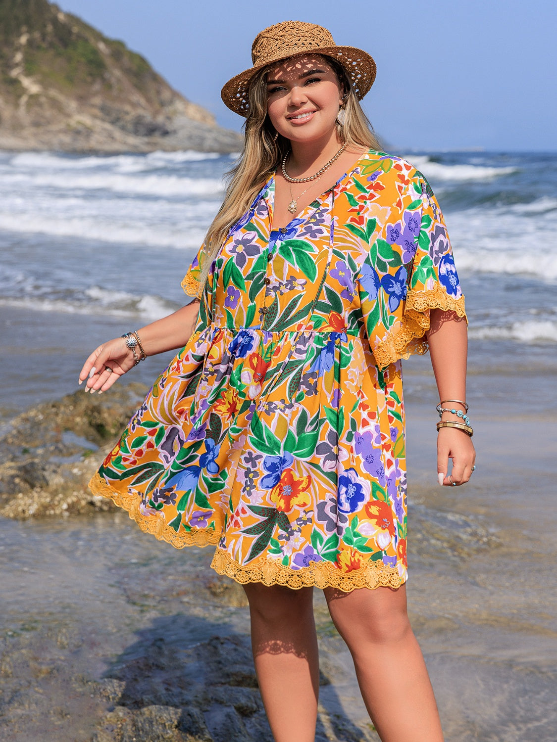 Plus Size Lace Detail Printed Tie Neck Half Sleeve Dress OutfitFlow