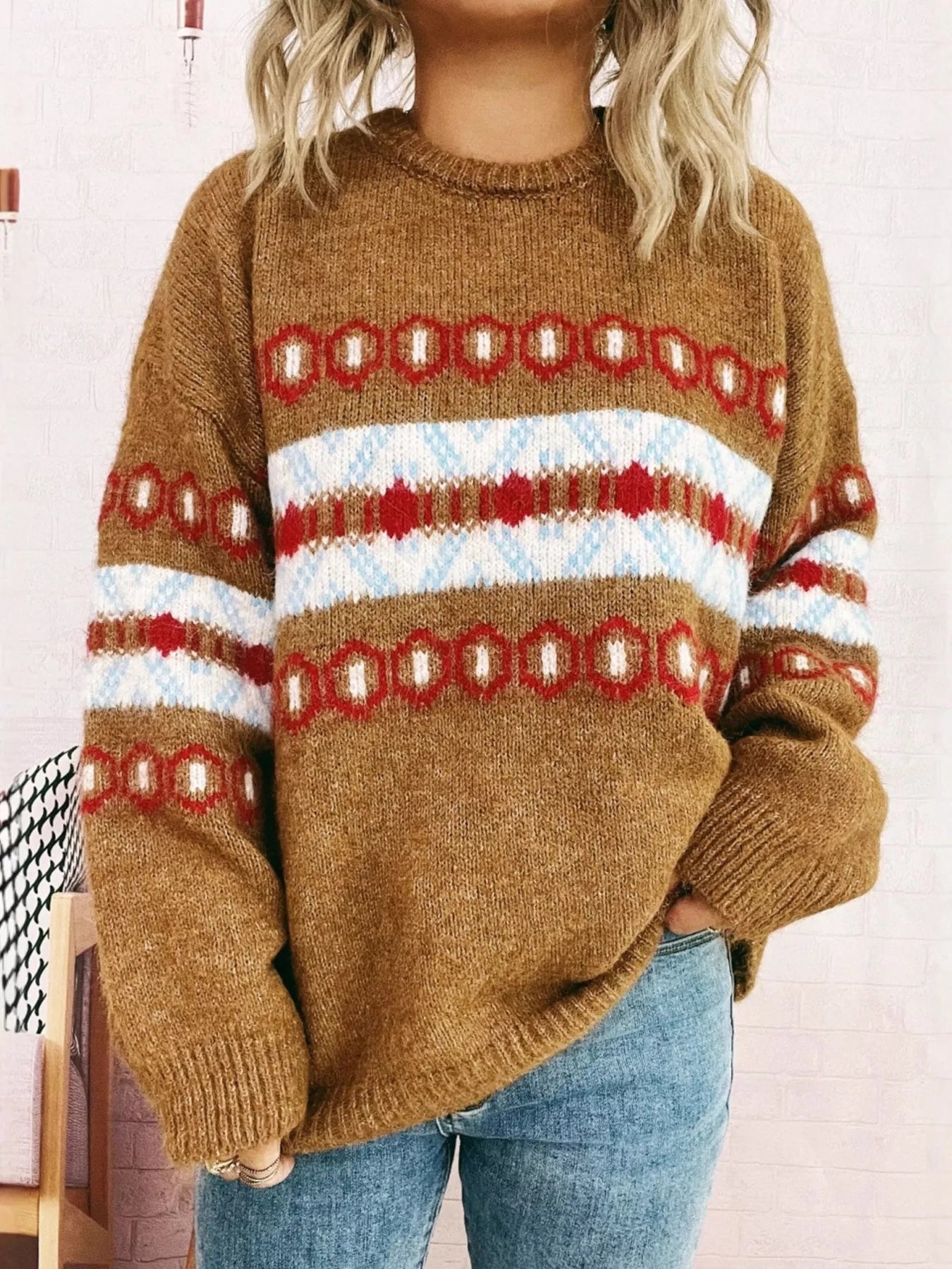 Contrast Round Neck Drop Shoulder Sweater Khaki One Size OutfitFlow