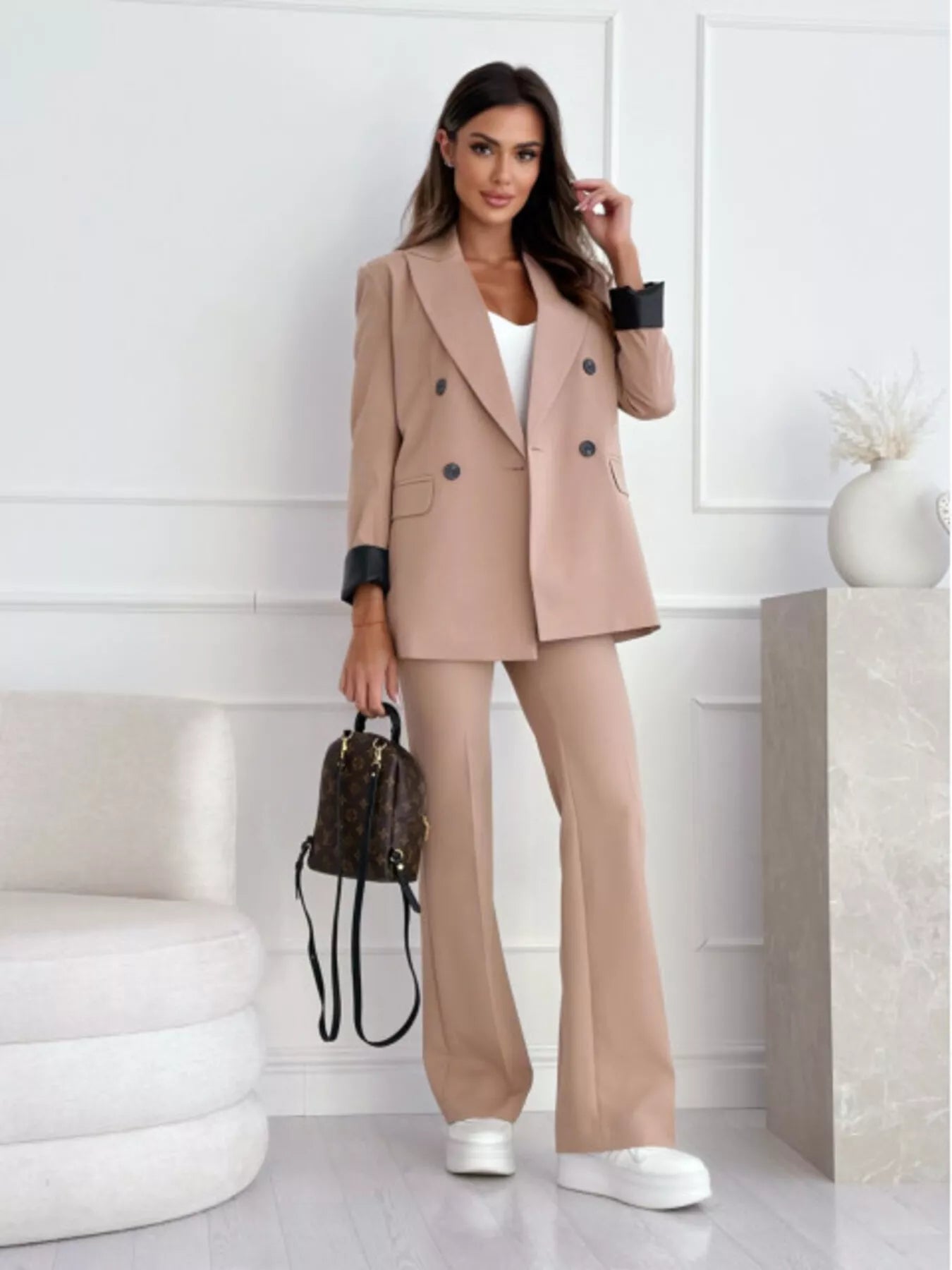 Lapel Collar Long Sleeve Blazer OutfitFlow
