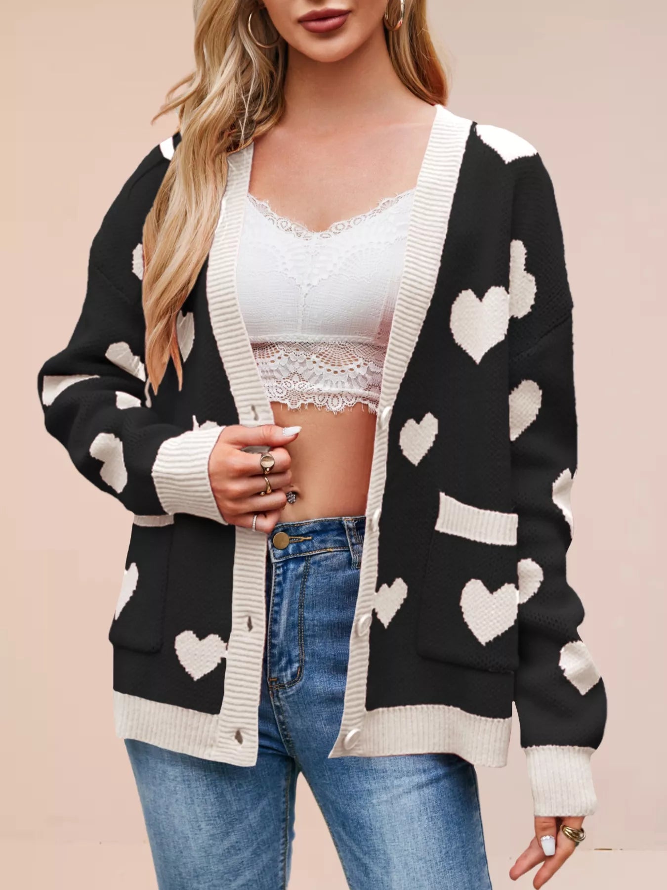 Heart Pattern Button-Up Knit Cardigan OutfitFlow