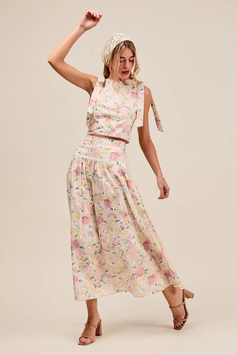 SO ME Floral Printed Woven Shoulder Bow Tie Top and Skirt Set OutfitFlow