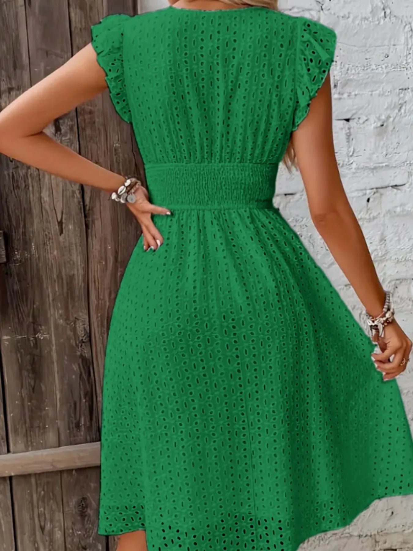 Eyelet Ruffled Cap Sleeve Mini Dress OutfitFlow