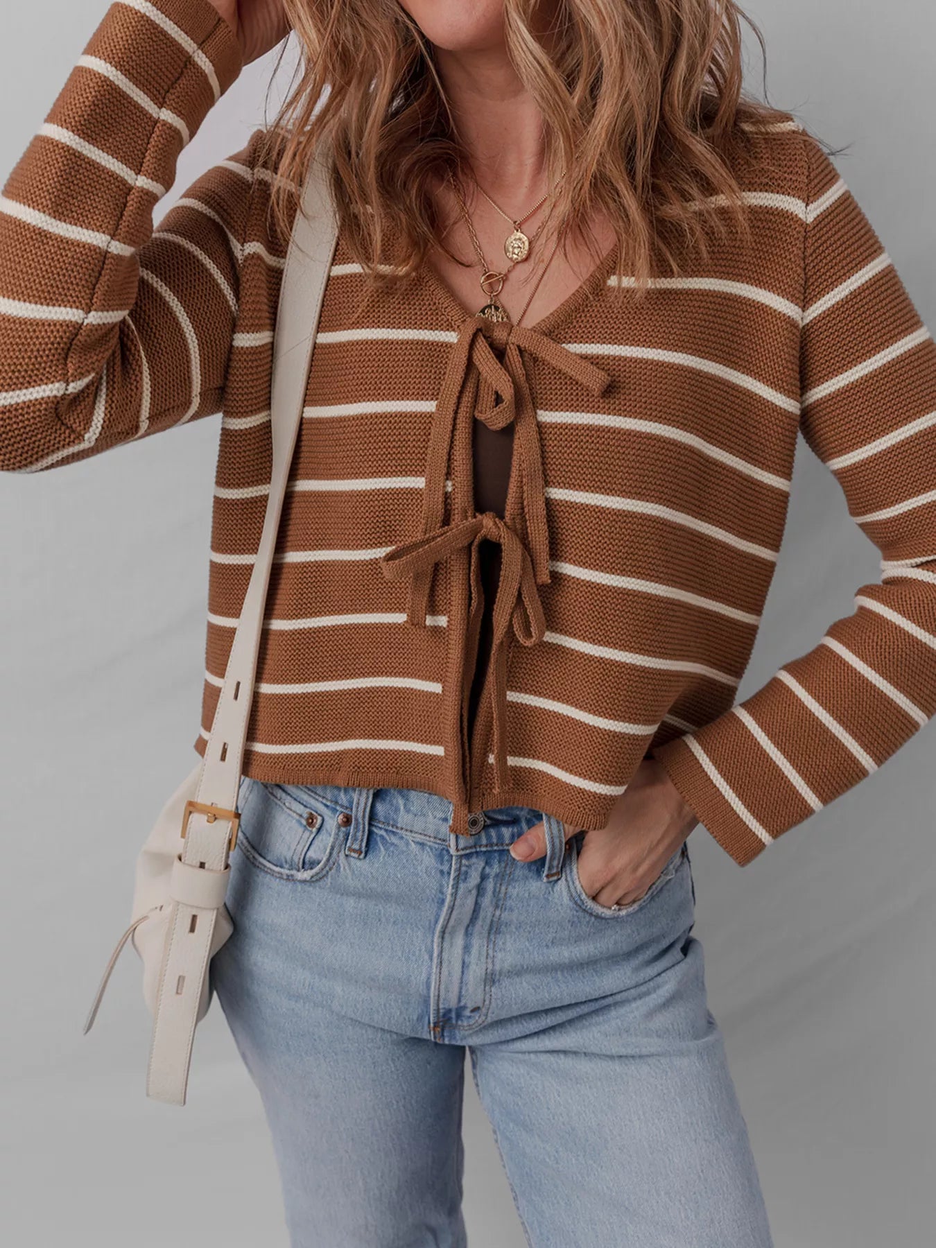 Tie Front Striped Knit V Neck Cardigan OutfitFlow