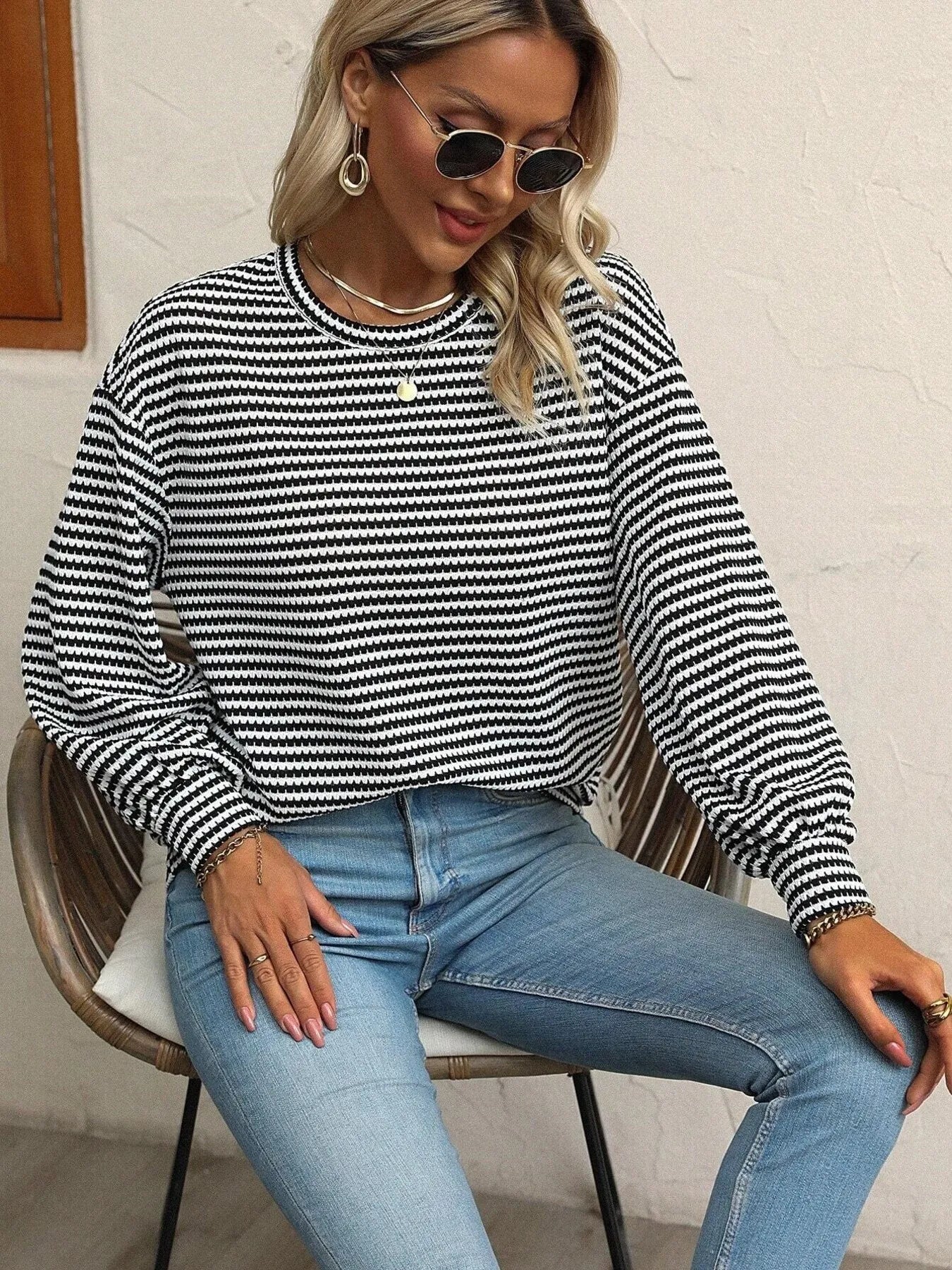 Striped Round Neck Lantern Sleeve Top OutfitFlow