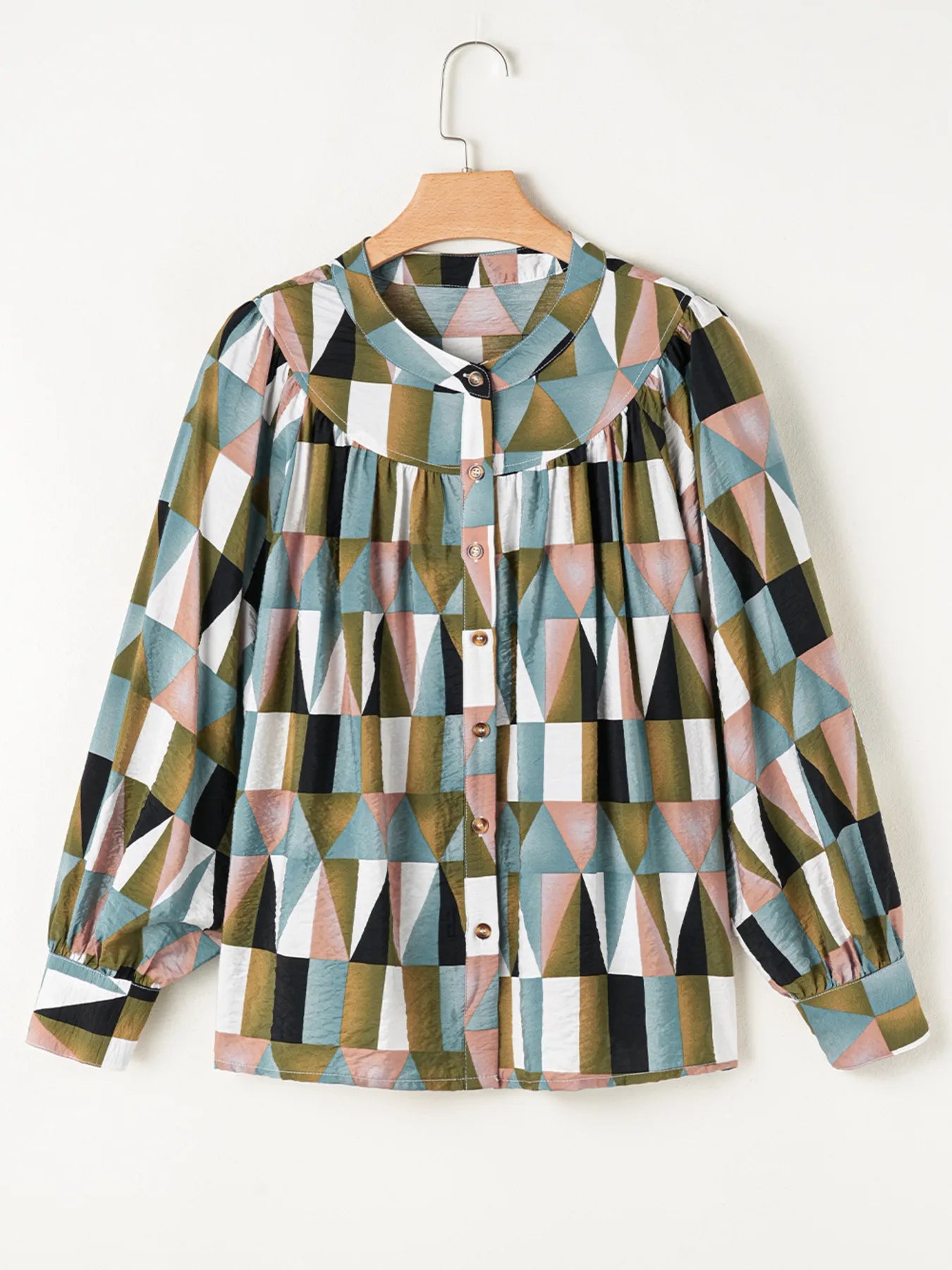 Geometric Print Buttoned Balloon Sleeve Loose Fit Shirt OutfitFlow