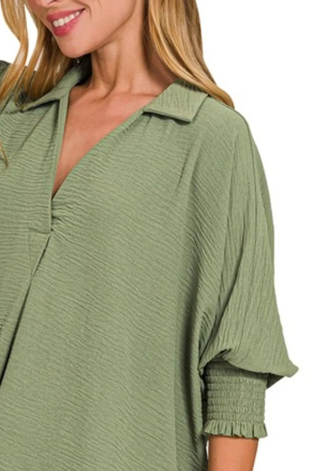Zenana Airflow Collar Tee with Smocked Sleeve Band Top OutfitFlow